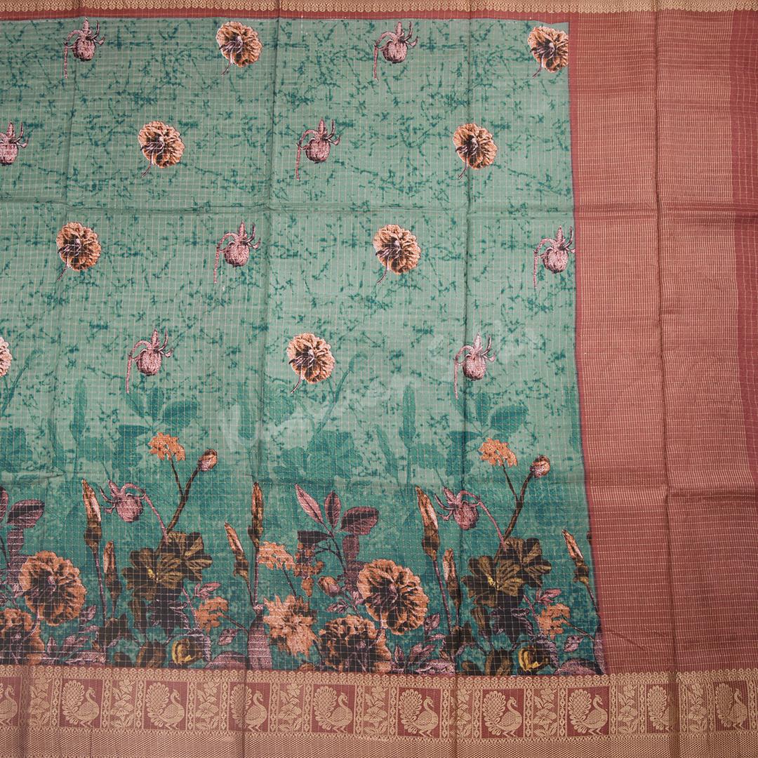 Semi Raw Silk Sage Green Floral Printed Saree