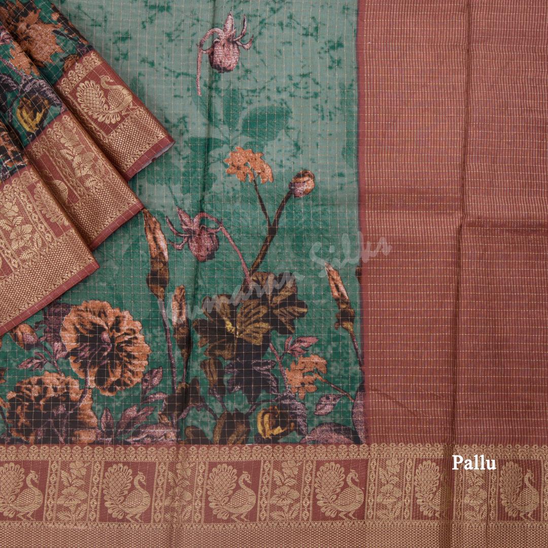 Semi Raw Silk Sage Green Floral Printed Saree