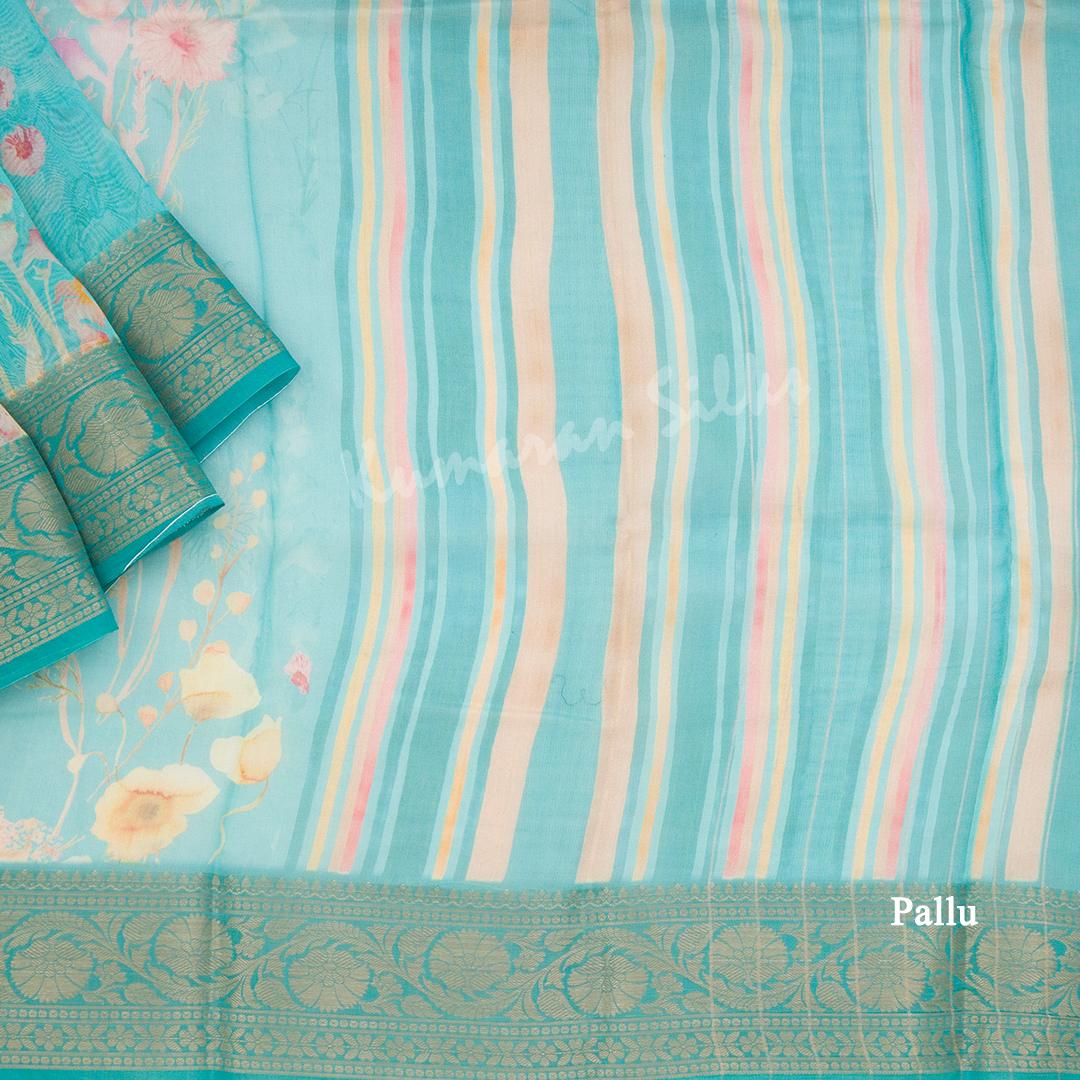 Soft Organza Turquoise Floral Printed Saree