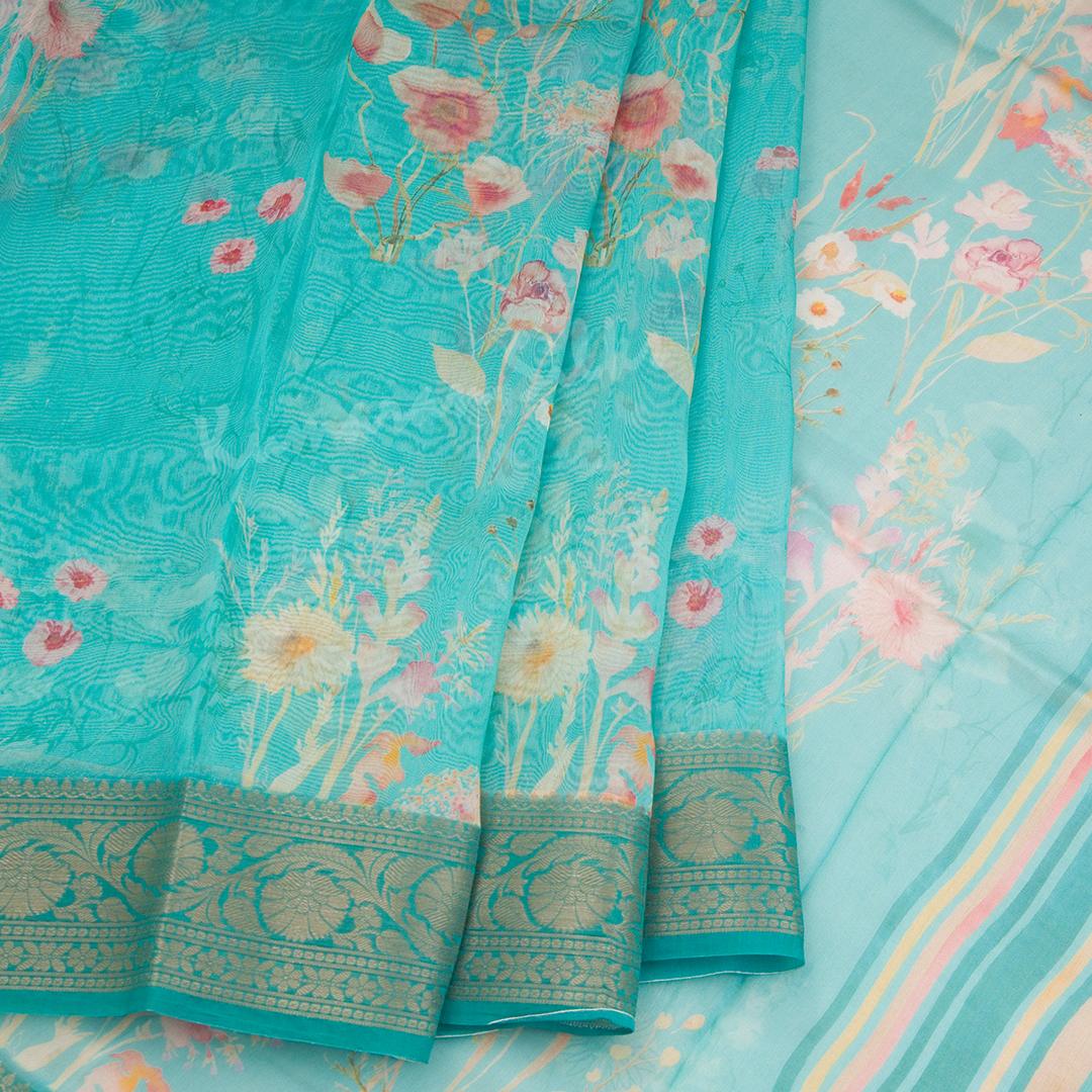 Soft Organza Turquoise Floral Printed Saree