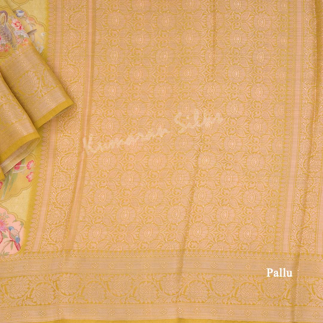 Silk Viscose Olive Green Printed Saree With Birds Motif On The Body