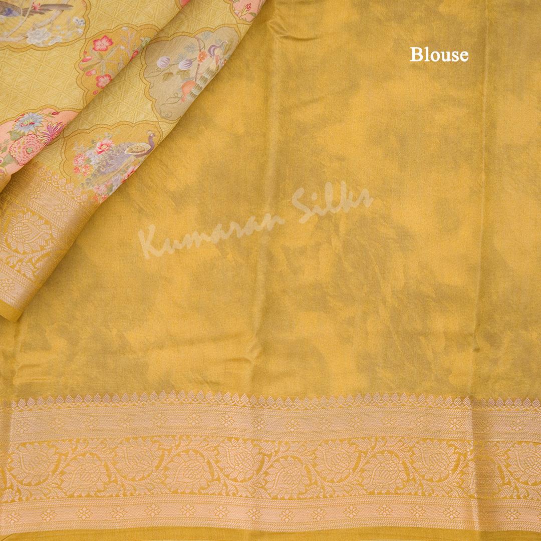 Silk Viscose Olive Green Printed Saree With Birds Motif On The Body