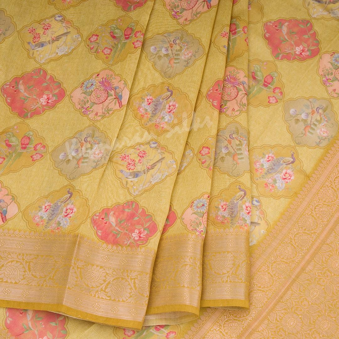 Silk Viscose Olive Green Printed Saree With Birds Motif On The Body