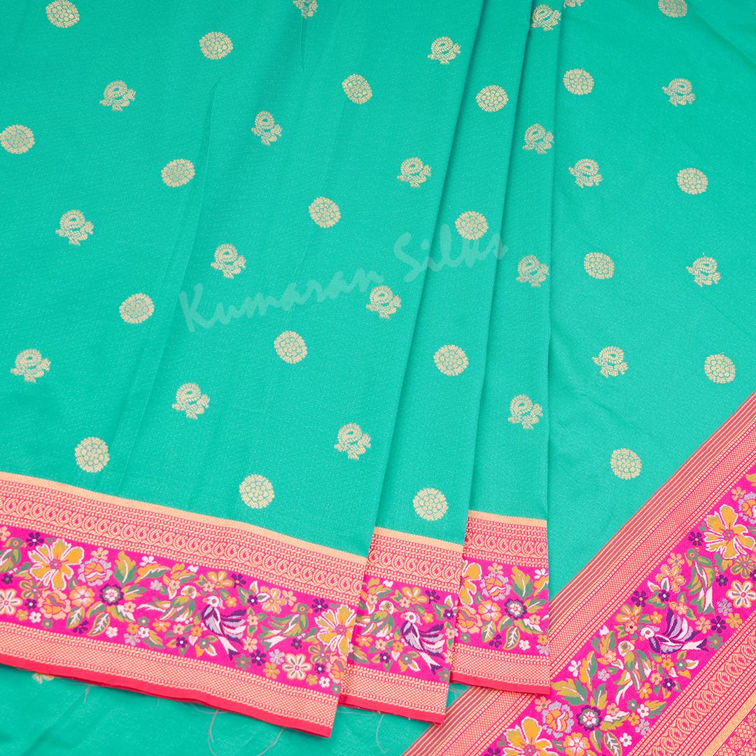 Semi Banaras Peacock Green Zari Worked Saree With Peacock And Chakra Buttas