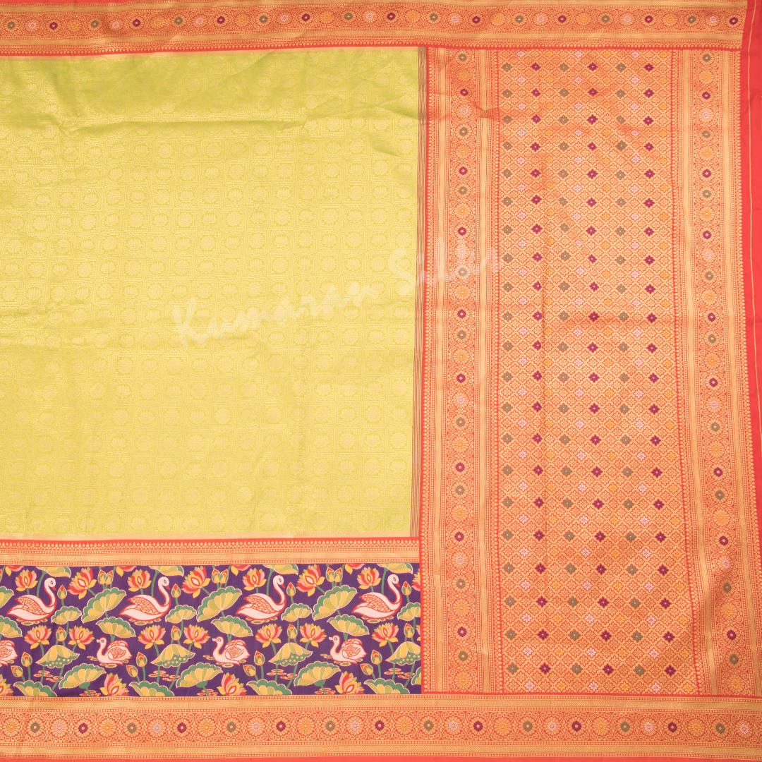 Semi Banaras Lime Green Zari Worked Saree With Lotus And Chakra Buttas