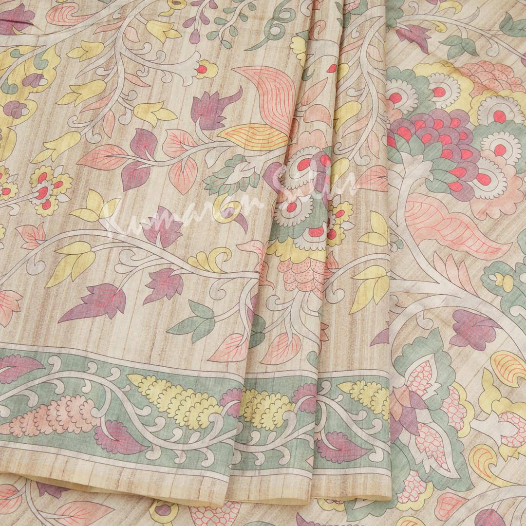 Semi Raw Silk Light Brown Leaf Printed Saree