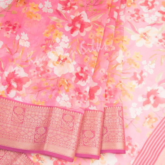 Soft Organza Pink Floral Printed Saree