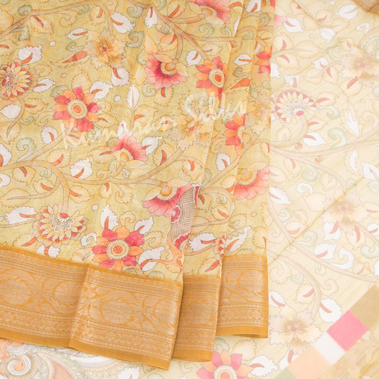 Soft Organza Gold Kalamkari Printed Saree