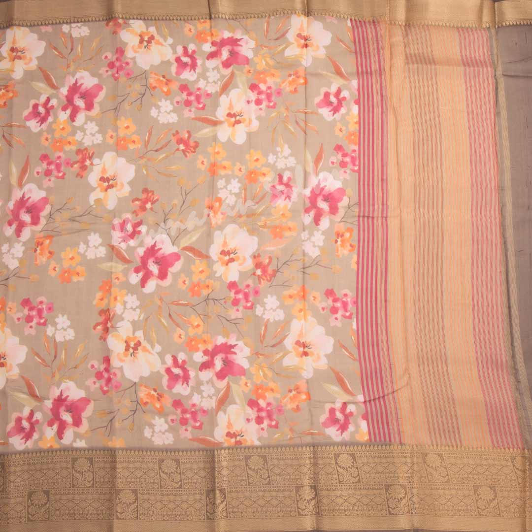 Soft Organza Light Brown Floral Printed Saree 02