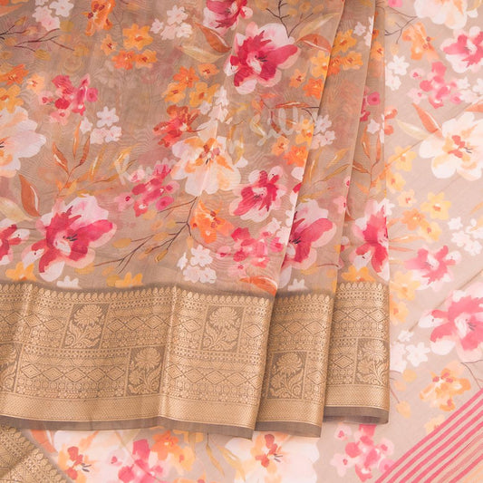 Soft Organza Light Brown Floral Printed Saree 02