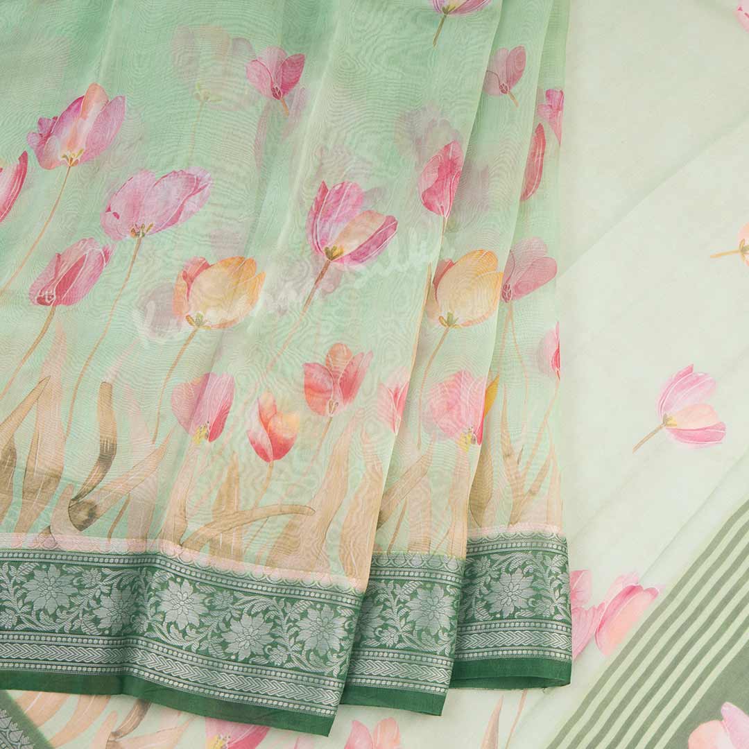 Soft Organza Pista Green Floral Printed Saree