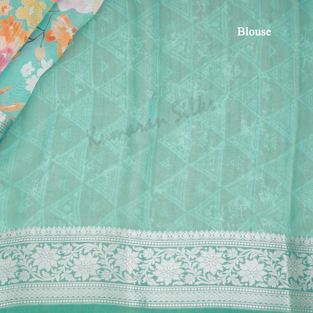 Soft Organza Turquoise Floral Printed Saree 02