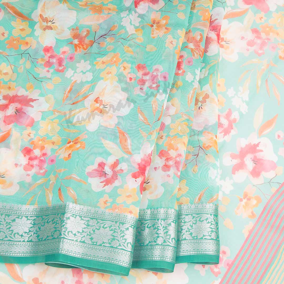 Soft Organza Turquoise Floral Printed Saree 02