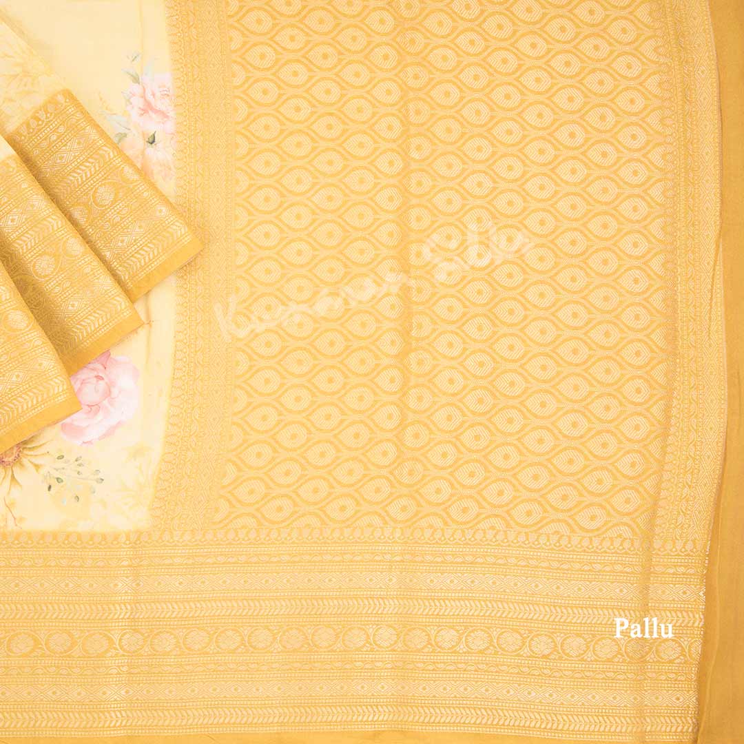 Silk Viscose Light Yellow Floral Printed Saree