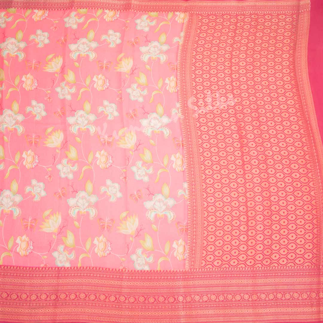 Soft Organza Rose Pink Floral Printed Saree