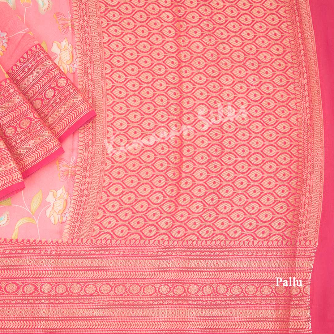 Soft Organza Rose Pink Floral Printed Saree