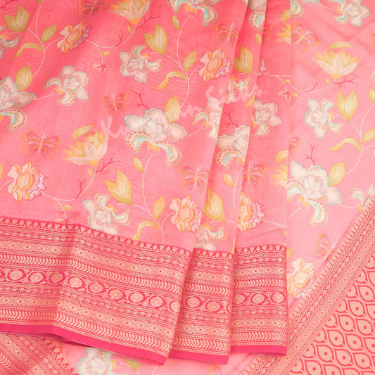 Soft Organza Rose Pink Floral Printed Saree