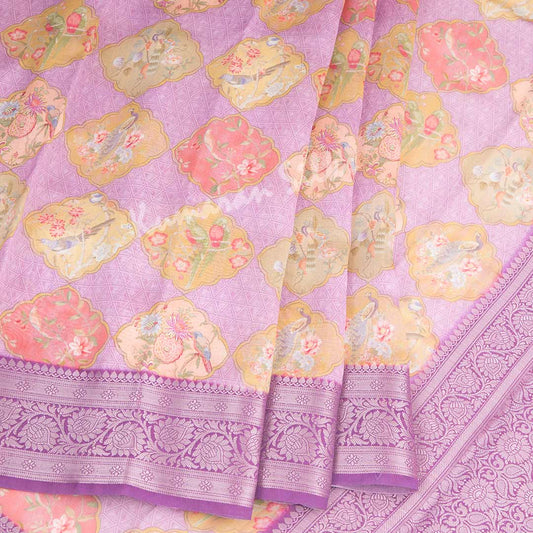 Silk Viscose Purple Printed Saree With Birds Motif On The Body