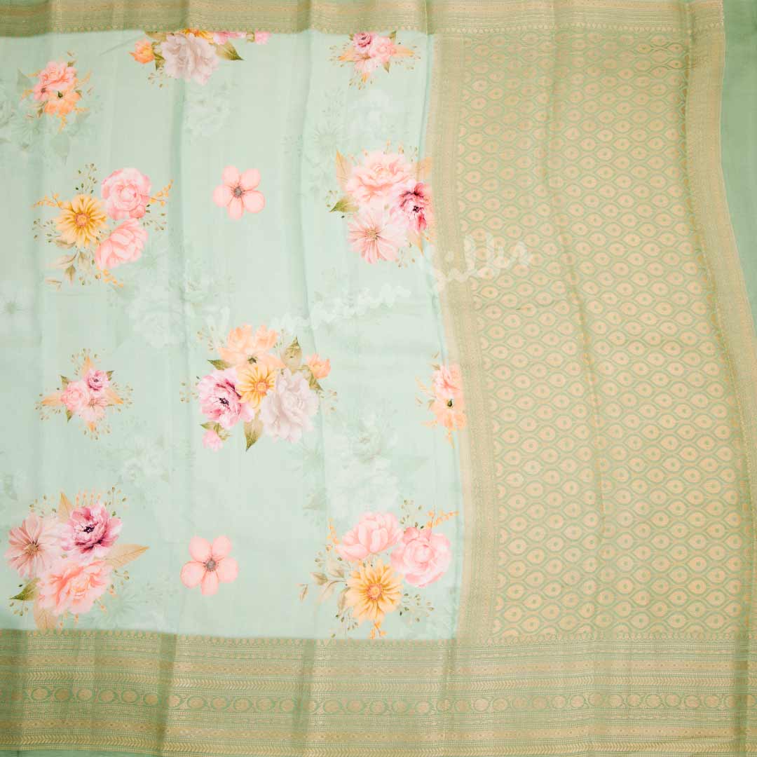 Silk Viscose Pista Green Floral Printed Saree 02