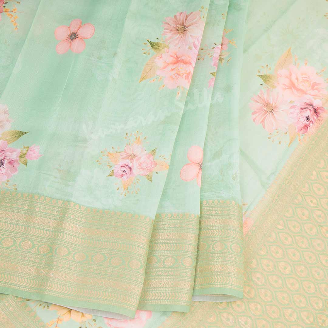 Silk Viscose Pista Green Floral Printed Saree 02