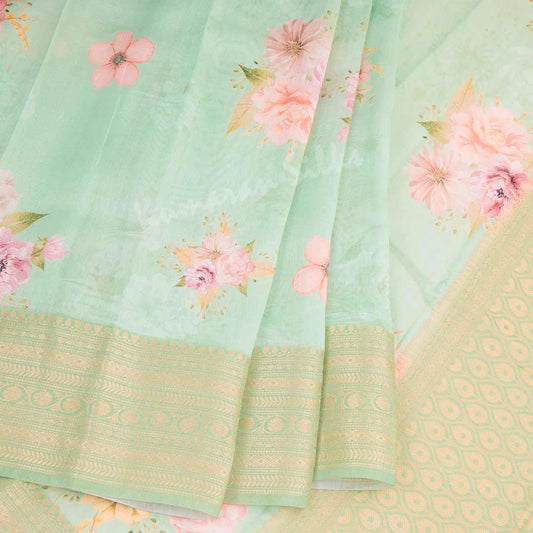 Silk Viscose Pista Green Floral Printed Saree 02