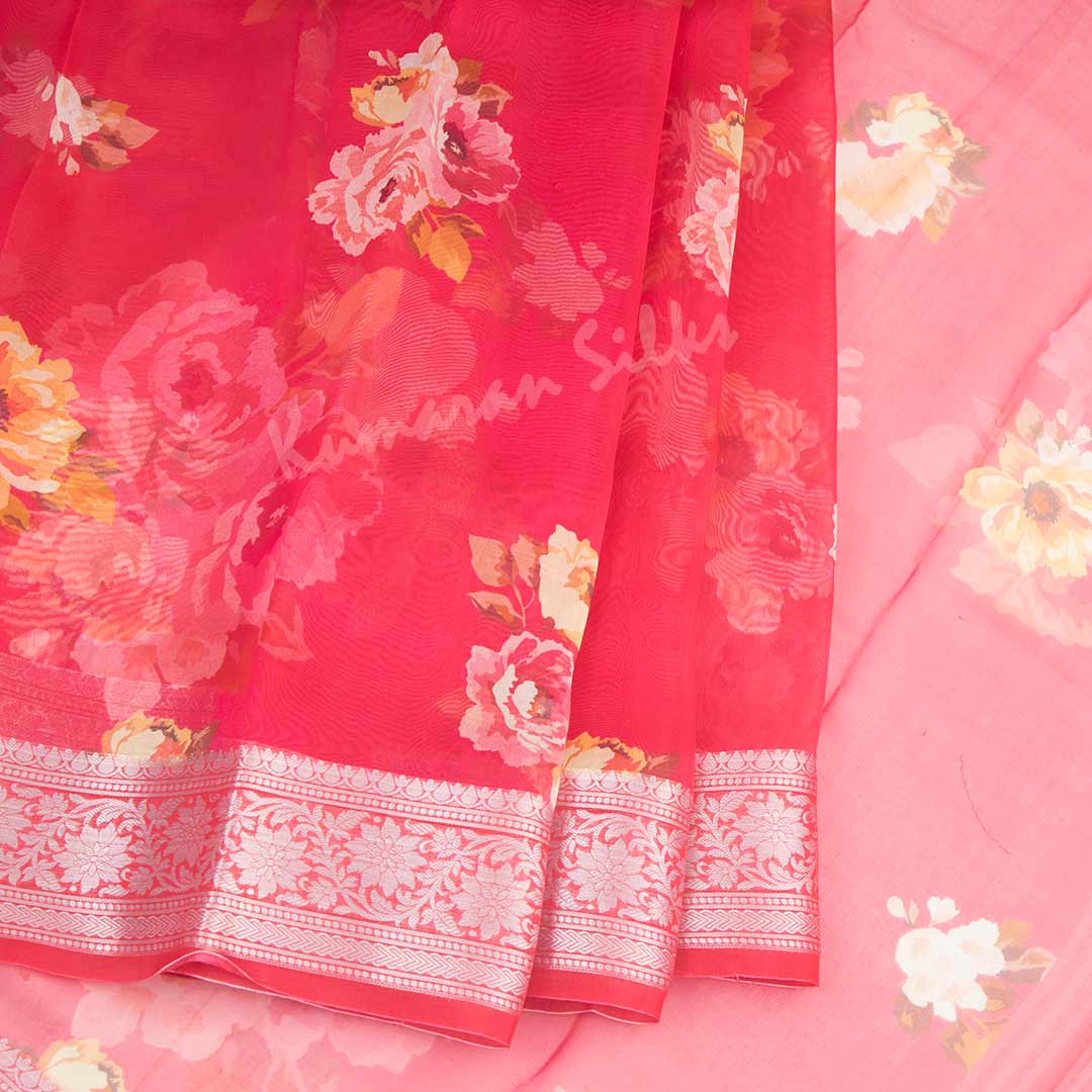 Soft Organza Hot Pink Floral Printed Saree