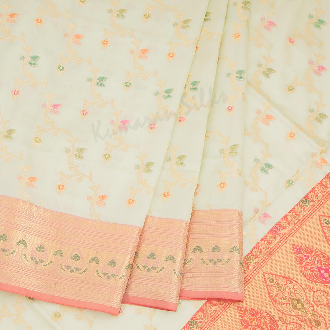 Semi Banaras Light Green Zari Worked Saree With Floral Creeper Design - Kumaran Silks