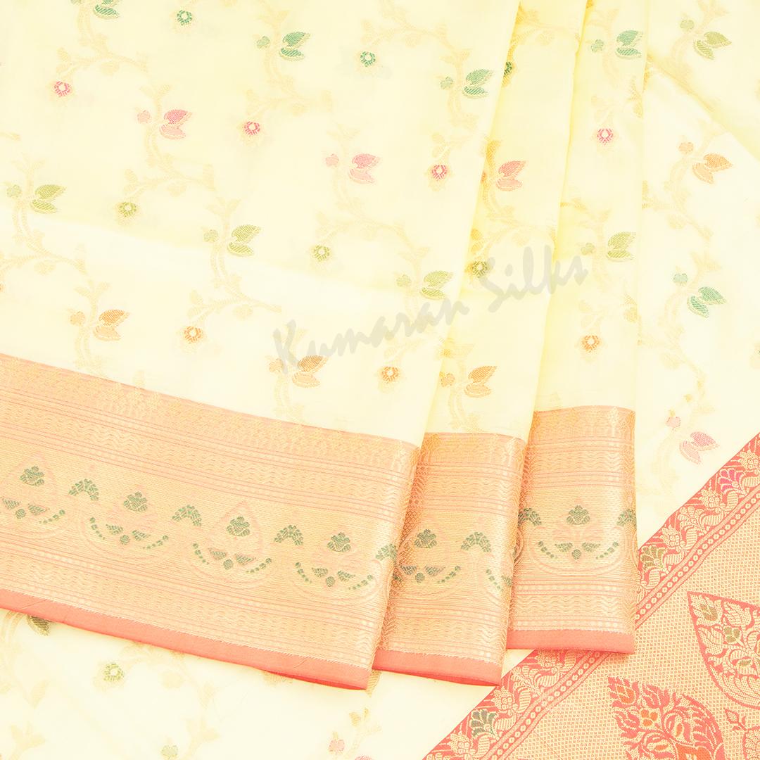 Semi Banaras Lemon Yellow Zari Worked Saree With Floral Creeper Design - Kumaran Silks