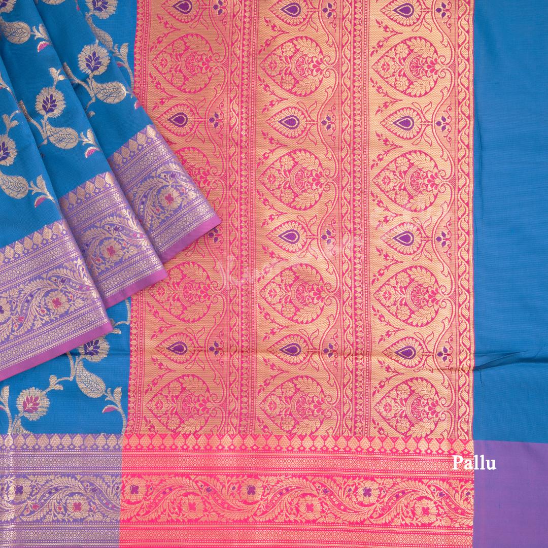 Semi Banaras Azure Blue Zari Worked Saree With Floral Creeper Design - Kumaran Silks