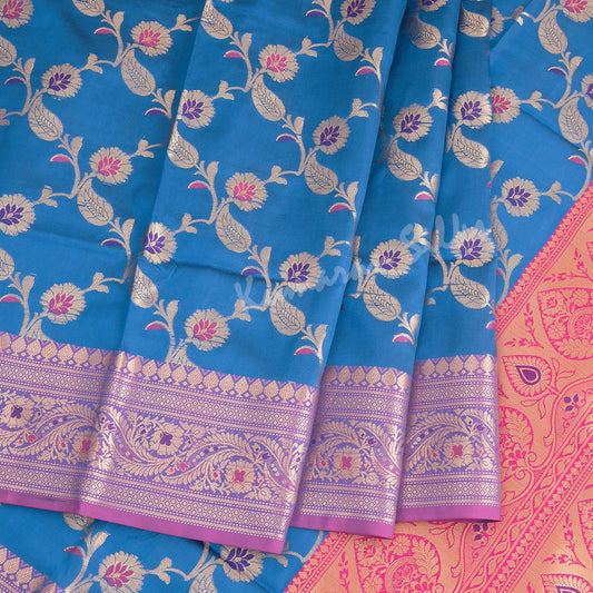 Semi Banaras Azure Blue Zari Worked Saree With Floral Creeper Design - Kumaran Silks