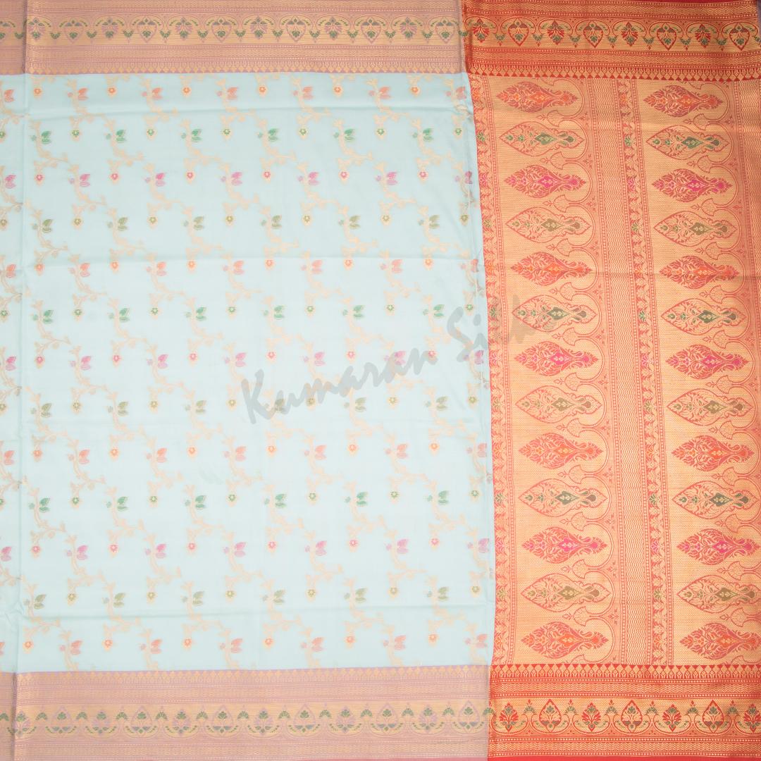 Semi Banaras Light Blue Zari Worked Saree With Floral Creeper Design - Kumaran Silks