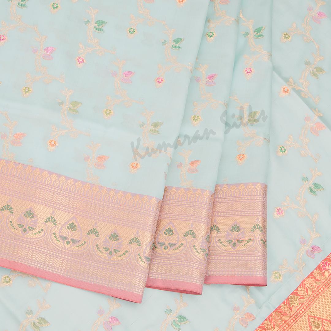 Semi Banaras Light Blue Zari Worked Saree With Floral Creeper Design - Kumaran Silks