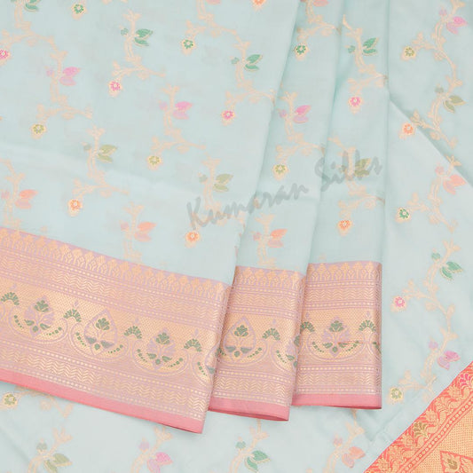 Semi Banaras Light Blue Zari Worked Saree With Floral Creeper Design - Kumaran Silks