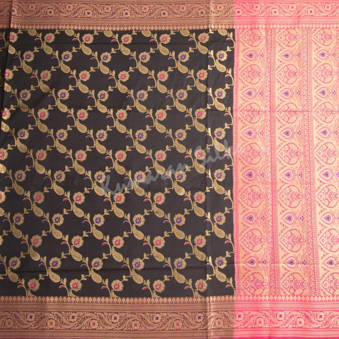 Semi Banaras Black Zari Worked Saree With Floral Creeper Design - Kumaran Silks