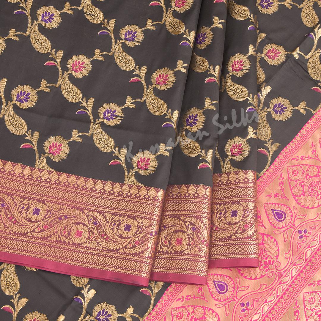 Semi Banaras Black Zari Worked Saree With Floral Creeper Design - Kumaran Silks