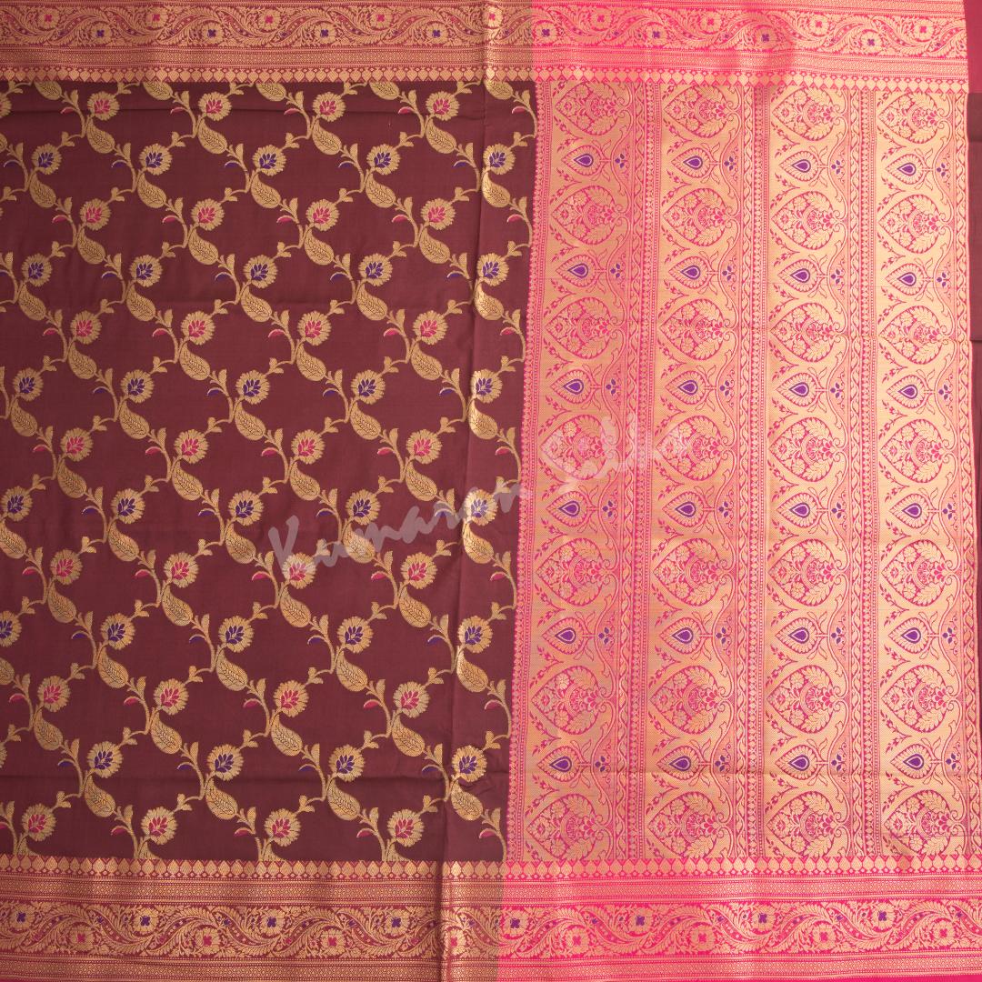 Semi Banaras Maroon Zari Worked Saree With Floral Creeper Design - Kumaran Silks