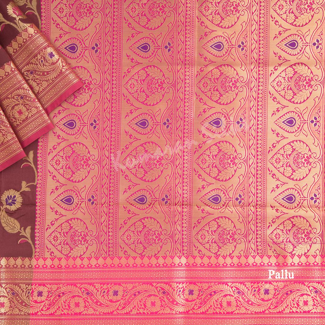 Semi Banaras Maroon Zari Worked Saree With Floral Creeper Design - Kumaran Silks