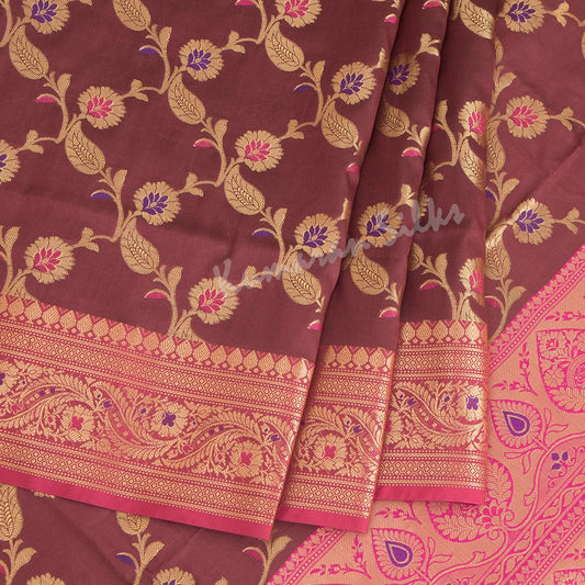 Semi Banaras Maroon Zari Worked Saree With Floral Creeper Design - Kumaran Silks