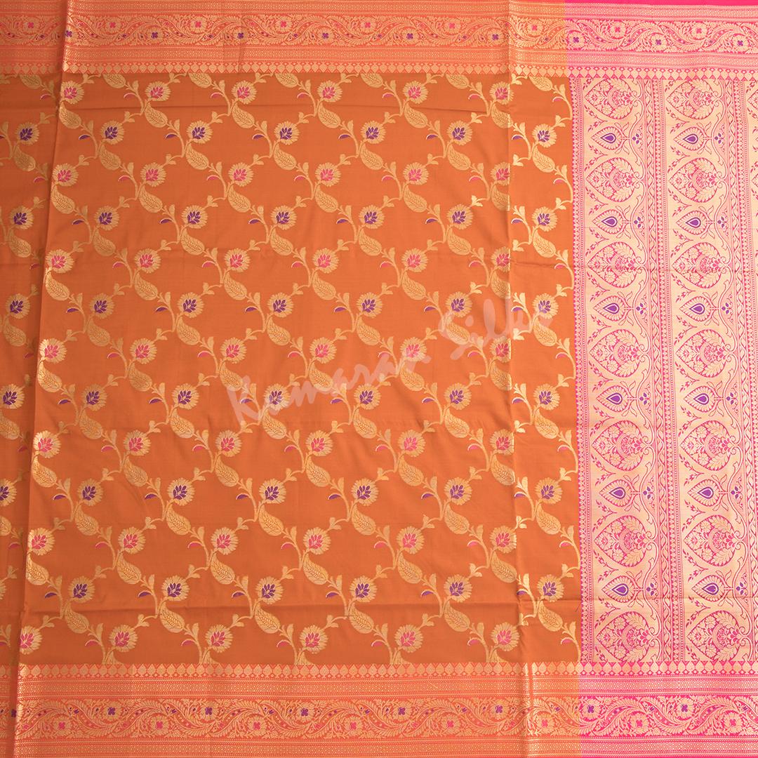 Semi Banaras Dark Orange Zari Worked Saree With Floral Creeper Design - Kumaran Silks