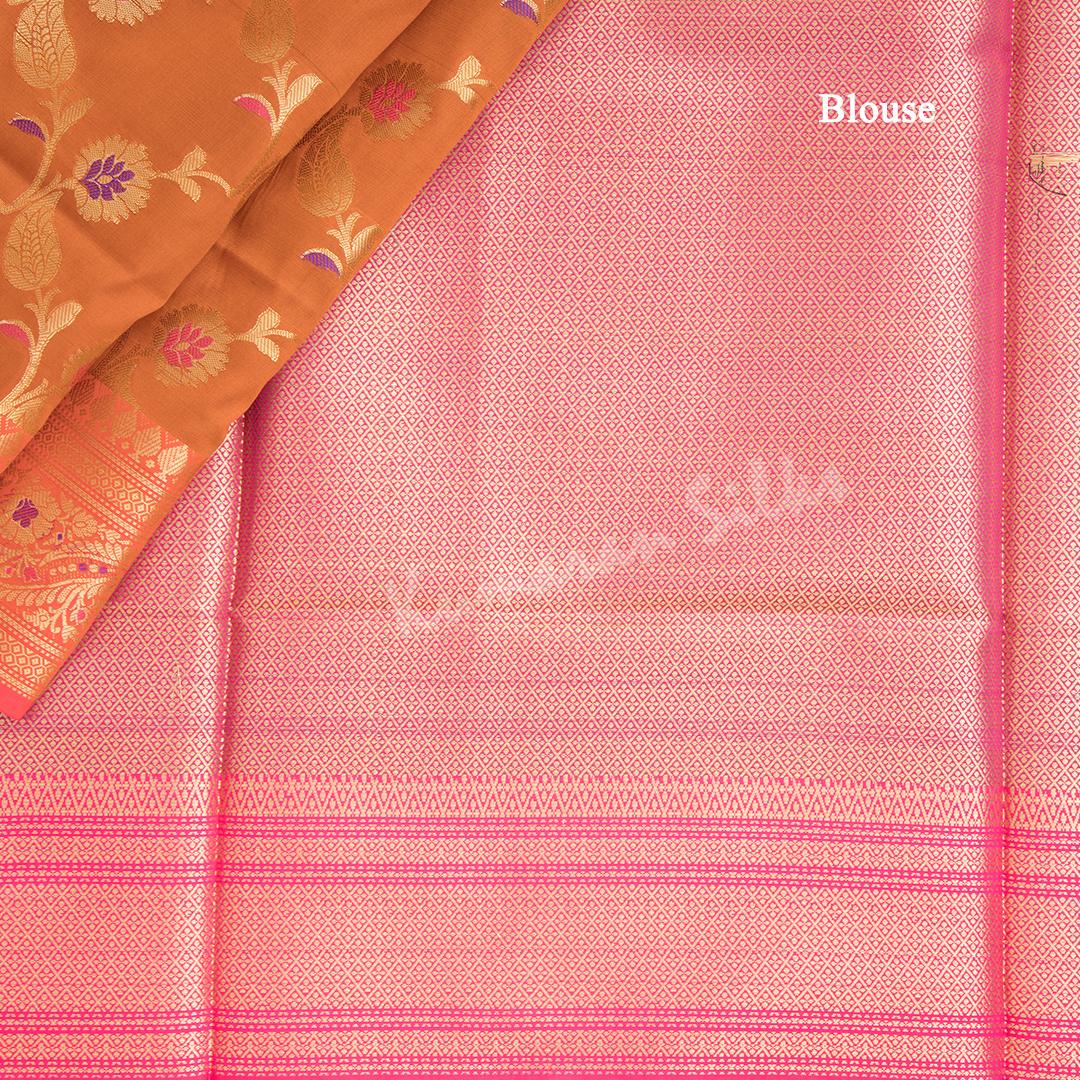 Semi Banaras Dark Orange Zari Worked Saree With Floral Creeper Design - Kumaran Silks