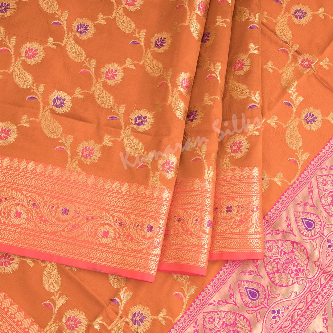 Semi Banaras Dark Orange Zari Worked Saree With Floral Creeper Design - Kumaran Silks