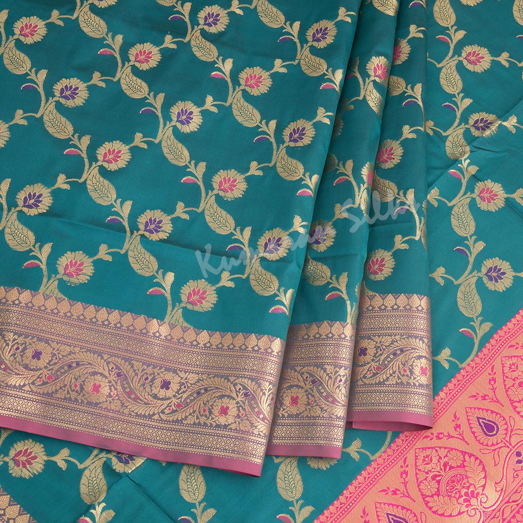 Semi Banaras Peacock Green Zari Worked Saree With Floral Creeper Design - Kumaran Silks