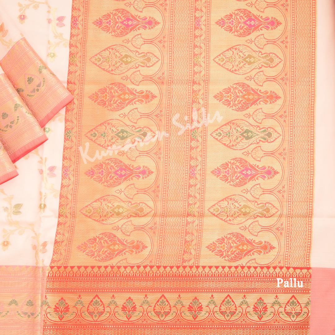 Semi Banaras Light Peach Zari Worked Saree With Floral Creeper Design - Kumaran Silks