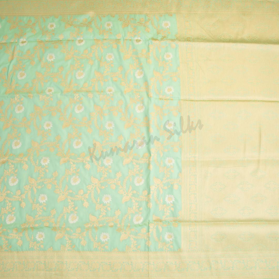 Semi Banaras Light Green Zari Worked Saree With Floral Creeper Design 02 - Kumaran Silks