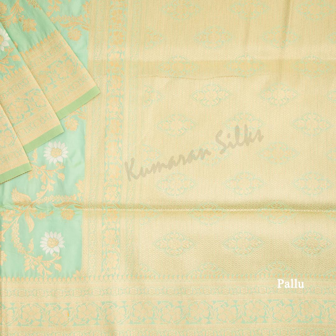 Semi Banaras Light Green Zari Worked Saree With Floral Creeper Design 02 - Kumaran Silks