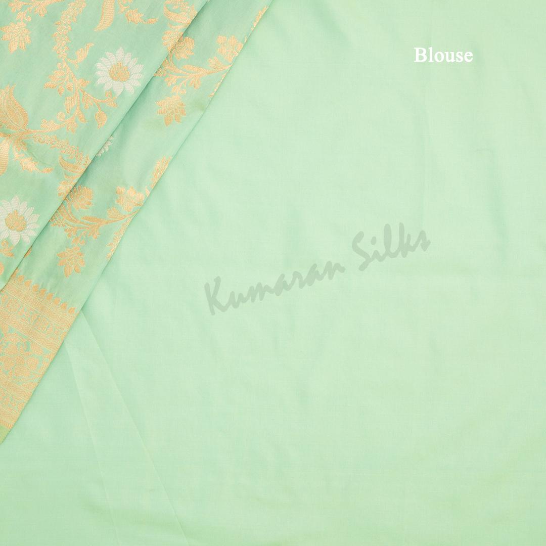 Semi Banaras Light Green Zari Worked Saree With Floral Creeper Design 02 - Kumaran Silks