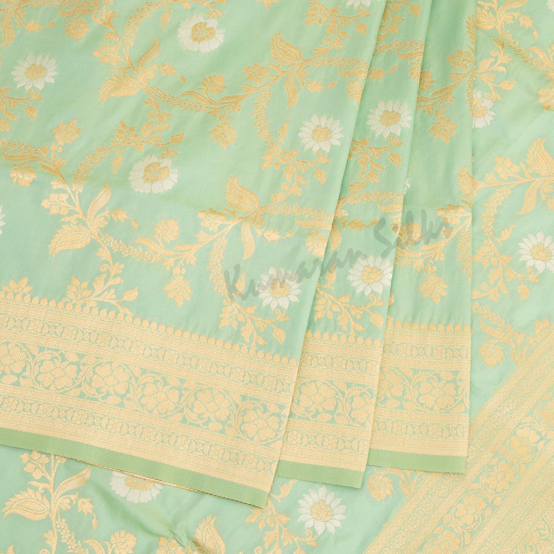 Semi Banaras Light Green Zari Worked Saree With Floral Creeper Design 02 - Kumaran Silks