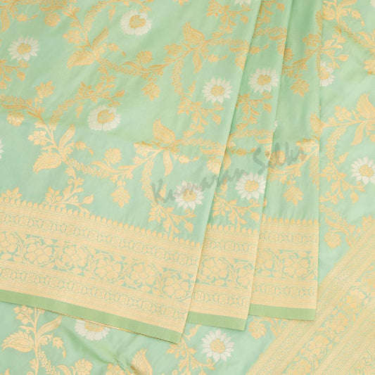 Semi Banaras Light Green Zari Worked Saree With Floral Creeper Design 02 - Kumaran Silks