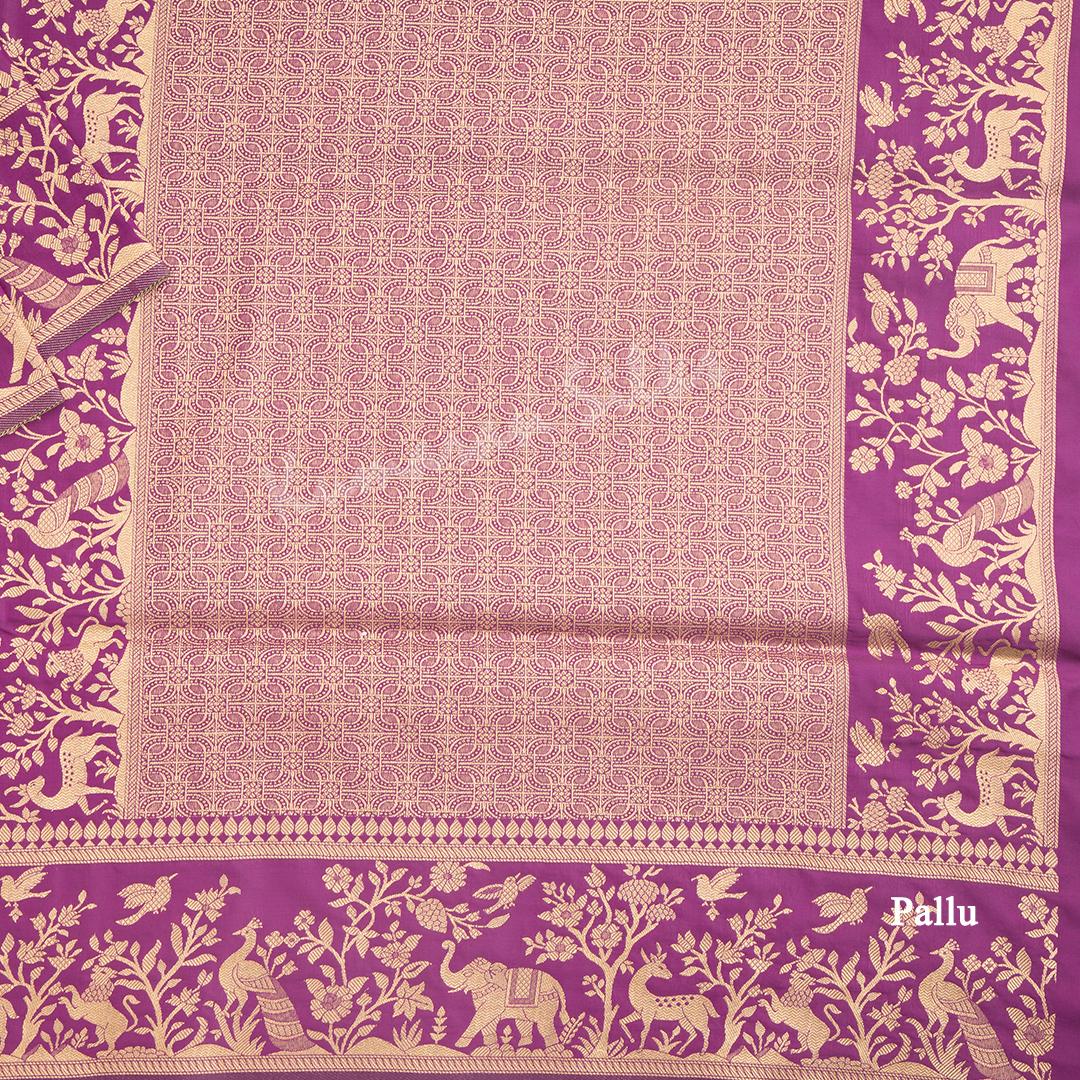 Semi Banaras Purple Zari Worked Saree With Animal And Birds Design