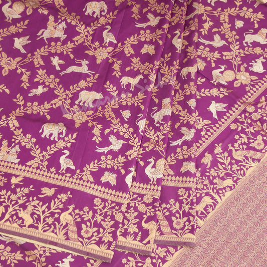 Semi Banaras Purple Zari Worked Saree With Animal And Birds Design